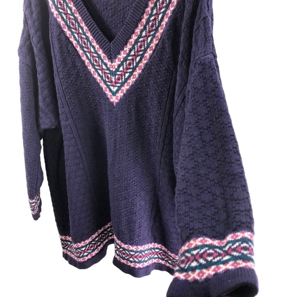 Vintage Stefano V Neck Sweater OS Cable Knit Chunky Contrast Print Purple Casual - Picture 3 of 9